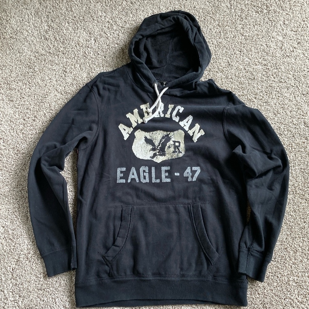 Super Soft Vintage Fit American Eagle Black Hoodie, size Large Tall